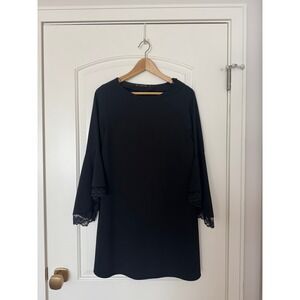 Zara‎ Basic Black Dress Bell Sleeve Lace Trim Cocktail Party Medium
